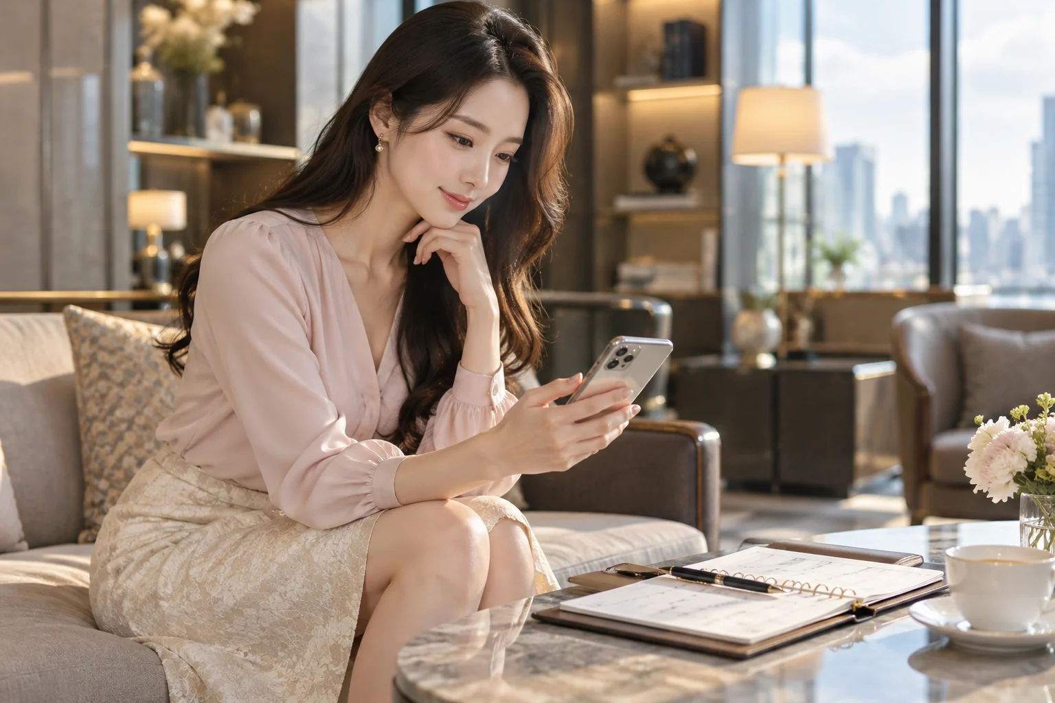 成年亞洲女性在雅緻休息區使用手機與行事曆確認預約時間的示意圖