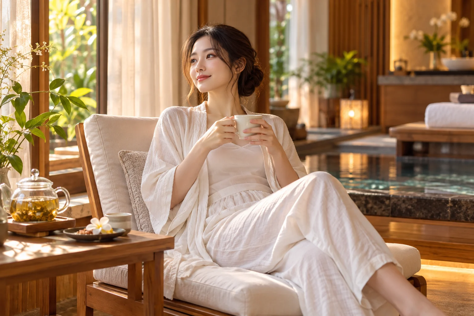 成年亞洲女性在溫暖木質休息空間喝茶放鬆的示意圖